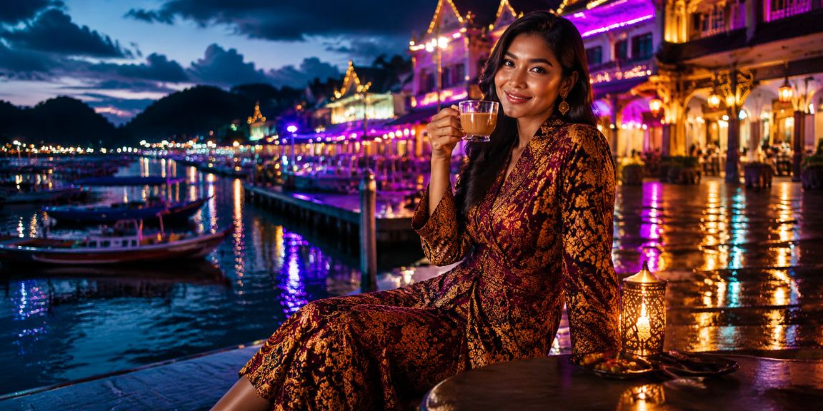 Pengguna wanita berbaju batik Terengganu mengakses platform pertaruhan sukan
